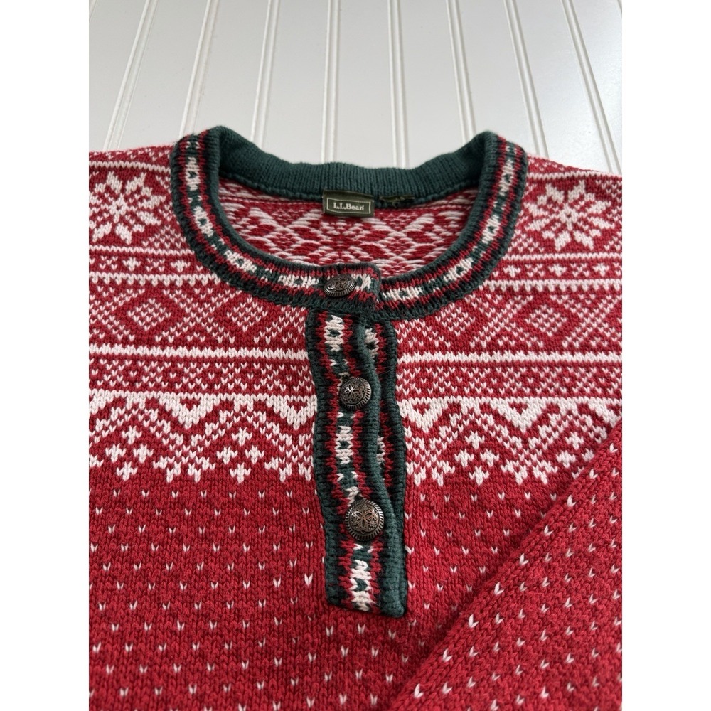 LL‎ Bean Womens Sweater L XL Red Fair Isle Nordic 1/4 Button Cotton Heavy - Picture 2 of 10